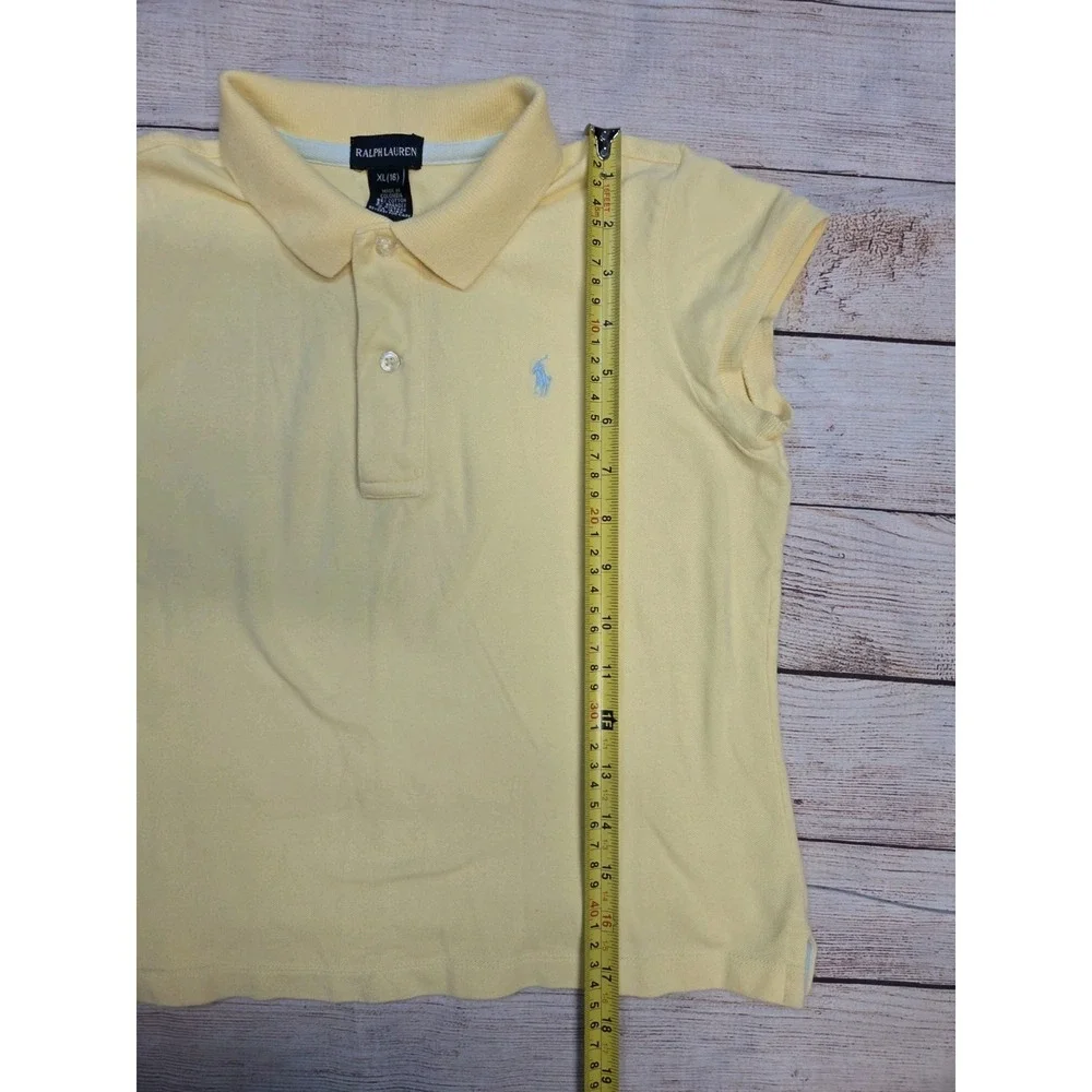 Ralph Lauren Girl's Polo Shirt Size XL Cap Sleeve Yellow Logo Light Blue Pony